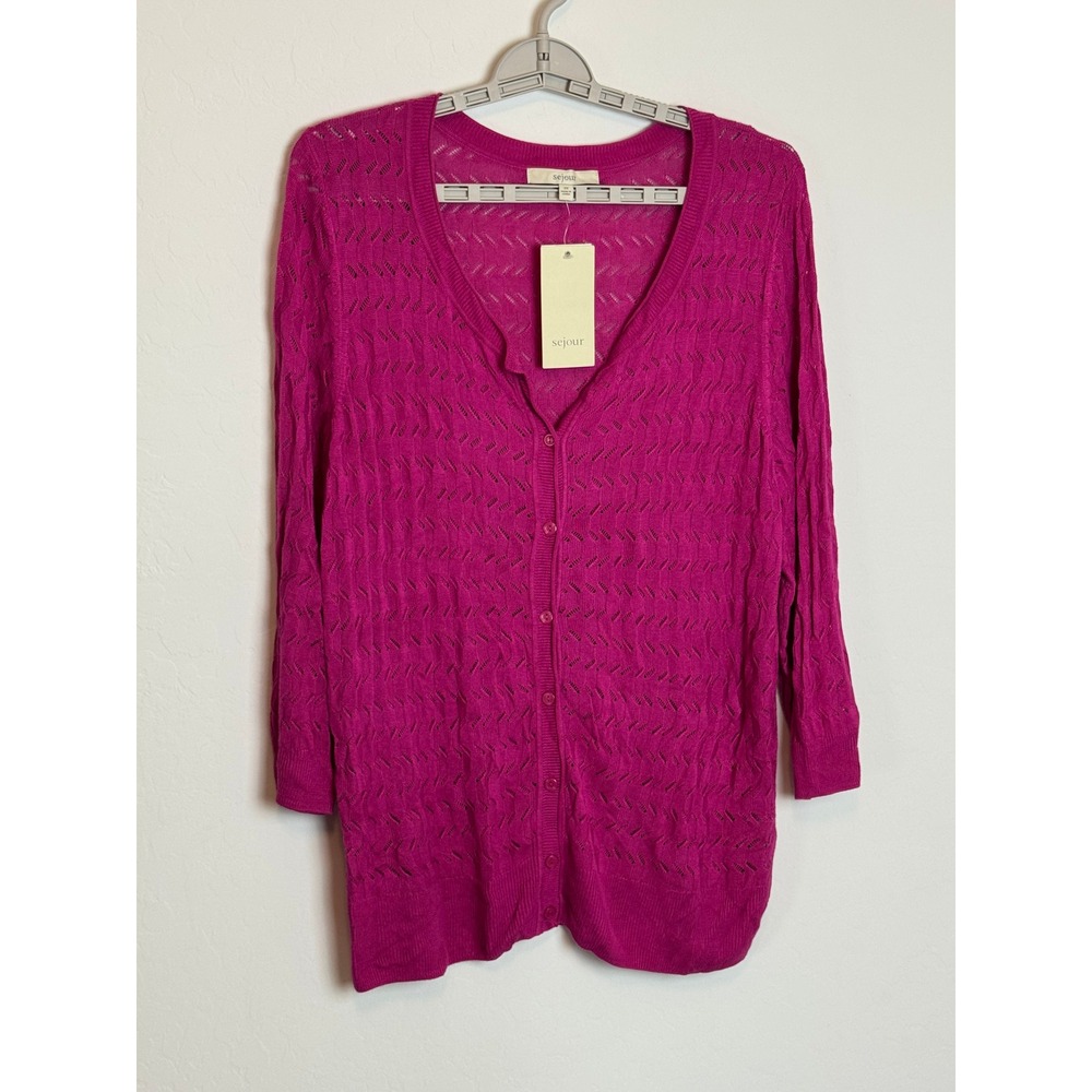 Sejour Fuchsia Pink Pointelle Chevron‎ Knit Cardigan V-Neck 2X NWT